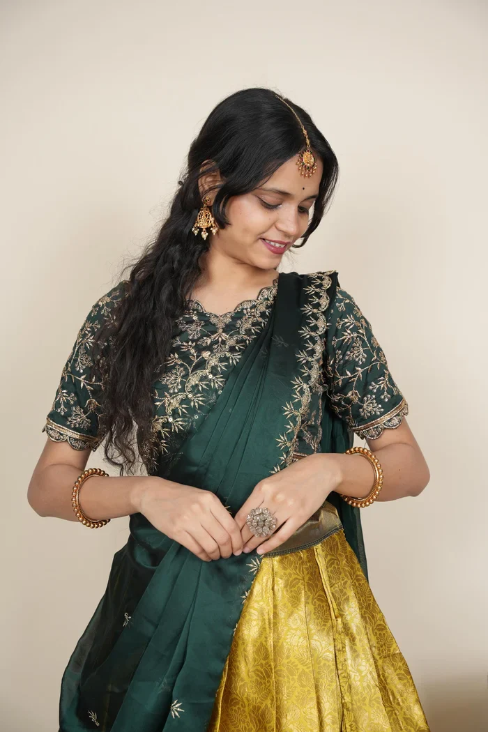 Beautiful South Indian Style Unstitch Half Saree with Embroidery Blouse and Dupatta for Women | Rashmika - Image 42
