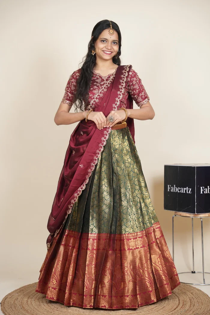 Beautiful South Indian Style Unstitch Half Saree with Embroidery Blouse and Dupatta for Women | Rashmika - Image 44