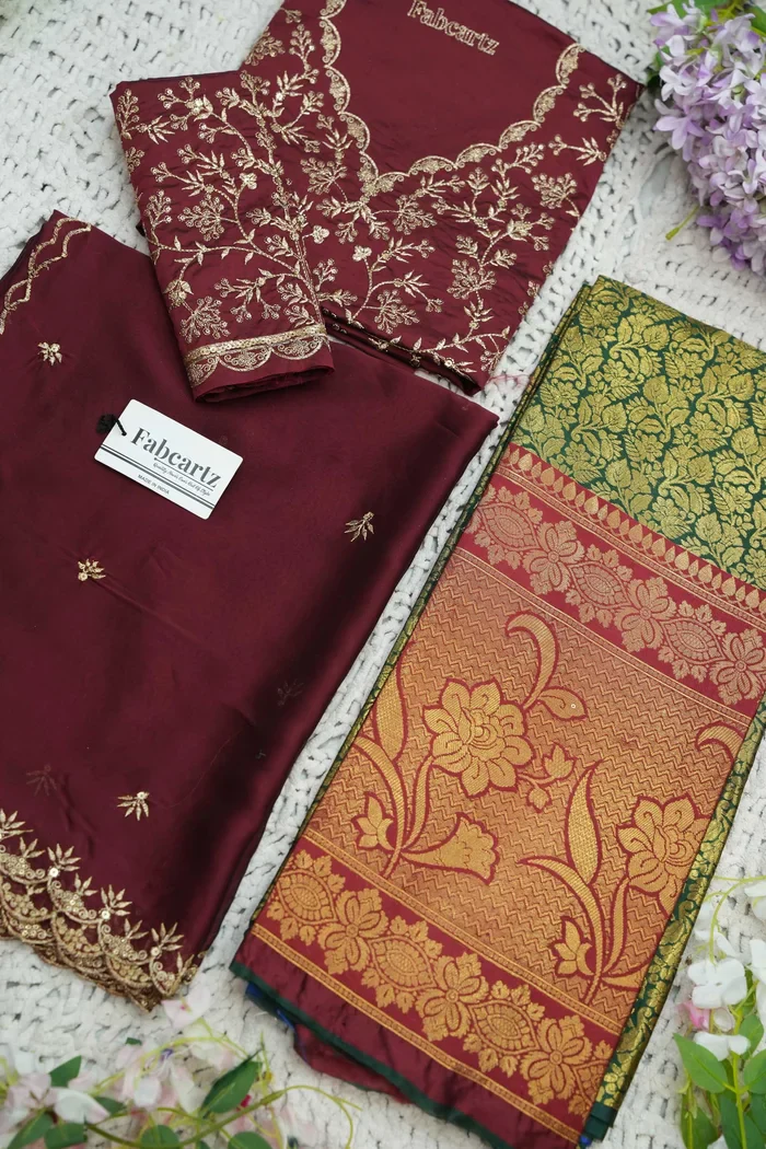 Beautiful South Indian Style Unstitch Half Saree with Embroidery Blouse and Dupatta for Women | Rashmika - Image 47