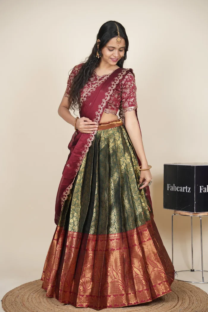 Beautiful South Indian Style Unstitch Half Saree with Embroidery Blouse and Dupatta for Women | Rashmika - Image 5