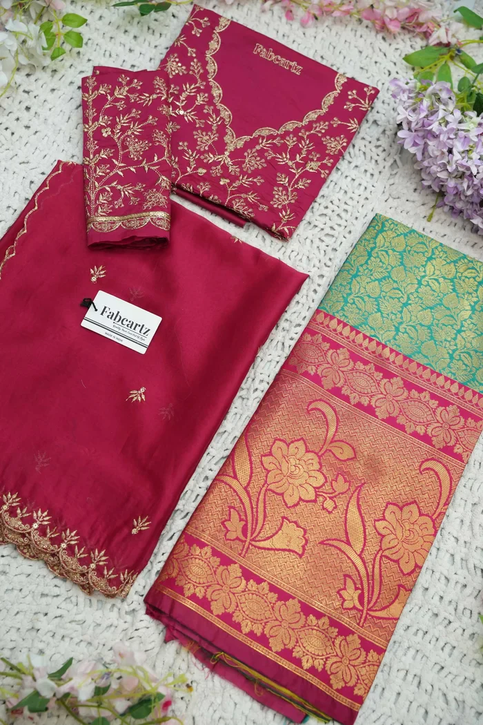 Beautiful South Indian Style Unstitch Half Saree with Embroidery Blouse and Dupatta for Women | Rashmika - Image 55