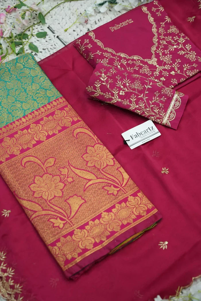 Beautiful South Indian Style Unstitch Half Saree with Embroidery Blouse and Dupatta for Women | Rashmika - Image 58