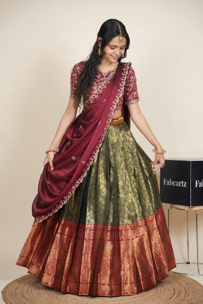 Beautiful South Indian Style Unstitch Half Saree with Embroidery Blouse and Dupatta for Women | Rashmika - Image 6