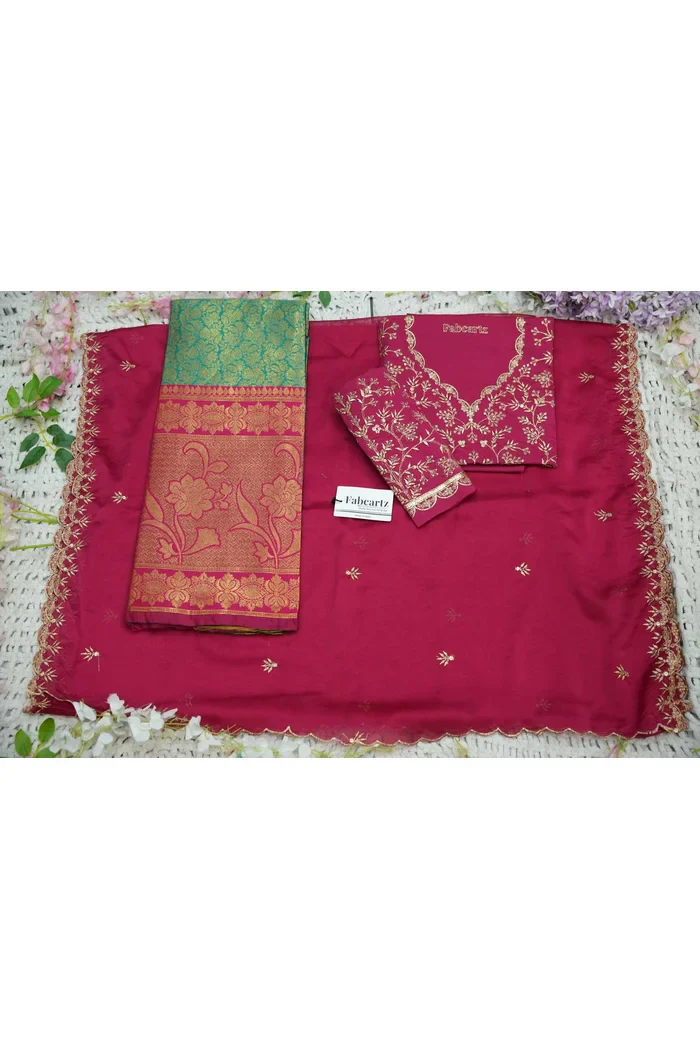Beautiful South Indian Style Unstitch Half Saree with Embroidery Blouse and Dupatta for Women | Rashmika - Image 60
