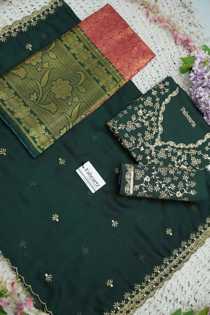 Beautiful South Indian Style Unstitch Half Saree with Embroidery Blouse and Dupatta for Women | Rashmika - Image 68