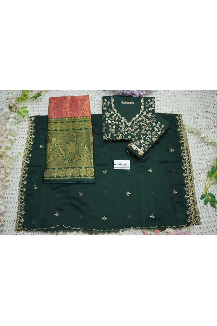Beautiful South Indian Style Unstitch Half Saree with Embroidery Blouse and Dupatta for Women | Rashmika - Image 69