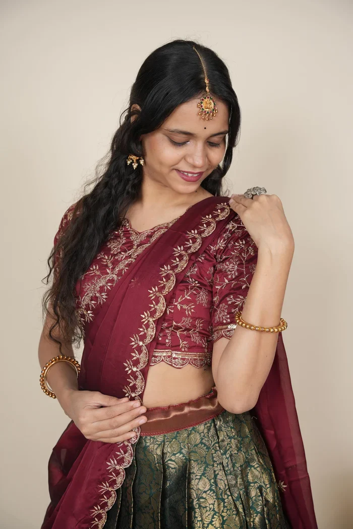 Beautiful South Indian Style Unstitch Half Saree with Embroidery Blouse and Dupatta for Women | Rashmika - Image 7