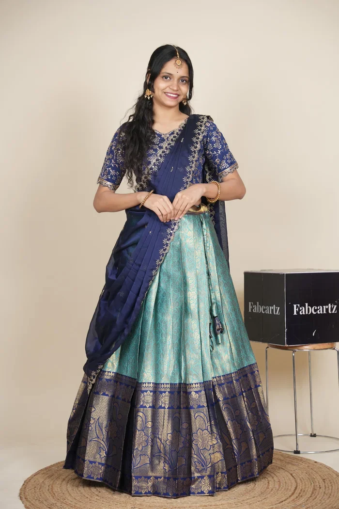 Beautiful South Indian Style Unstitch Half Saree with Embroidery Blouse and Dupatta for Women | Rashmika - Image 71