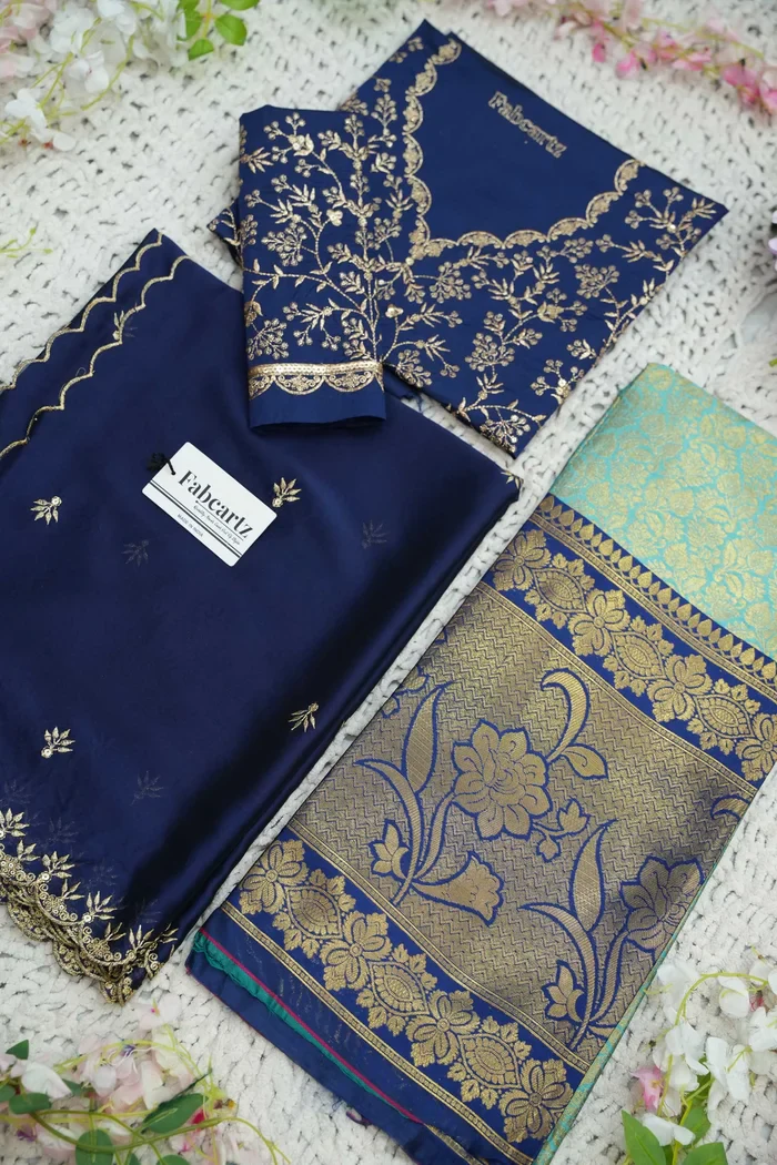 Beautiful South Indian Style Unstitch Half Saree with Embroidery Blouse and Dupatta for Women | Rashmika - Image 75