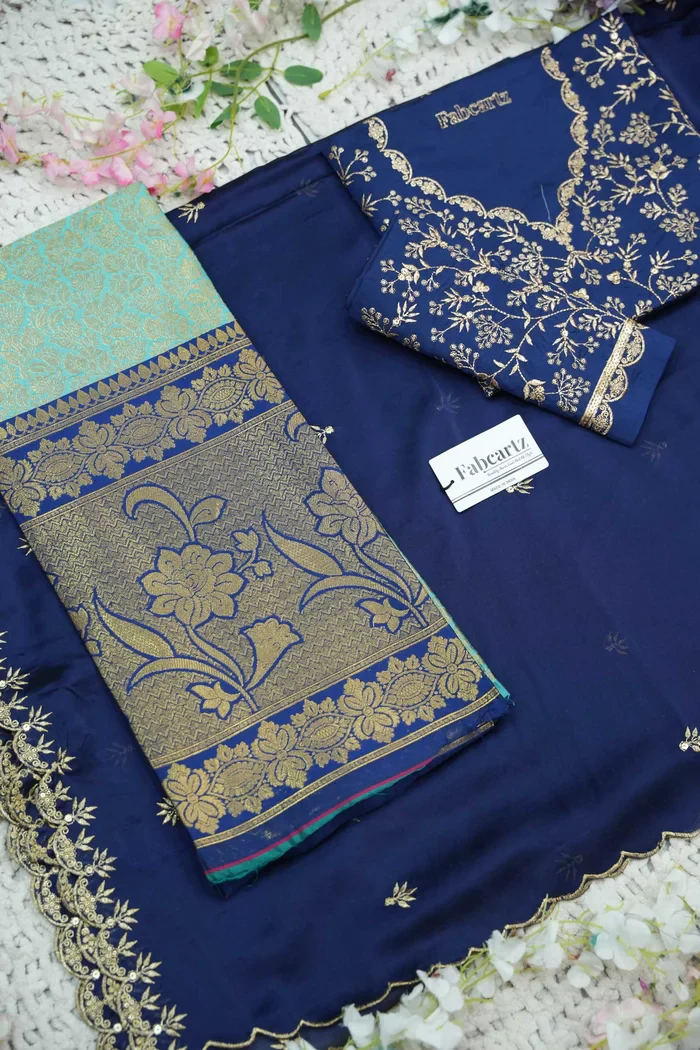 Beautiful South Indian Style Unstitch Half Saree with Embroidery Blouse and Dupatta for Women | Rashmika - Image 78