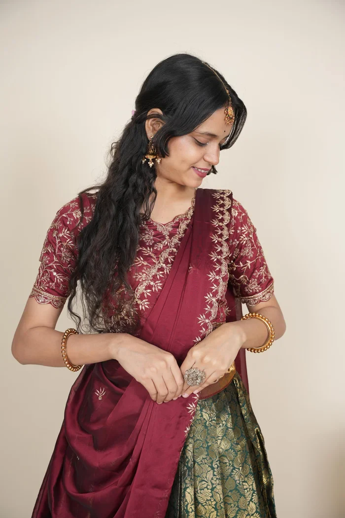 Beautiful South Indian Style Unstitch Half Saree with Embroidery Blouse and Dupatta for Women | Rashmika - Image 8