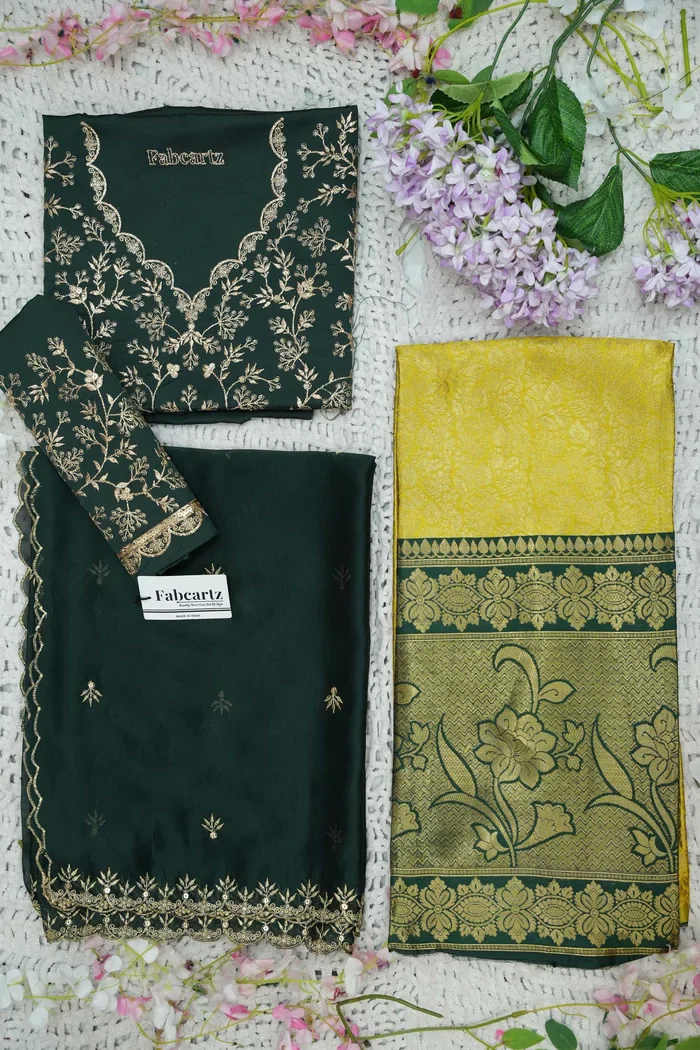 Beautiful South Indian Style Unstitch Half Saree with Embroidery Blouse and Dupatta for Women | Rashmika - Image 83