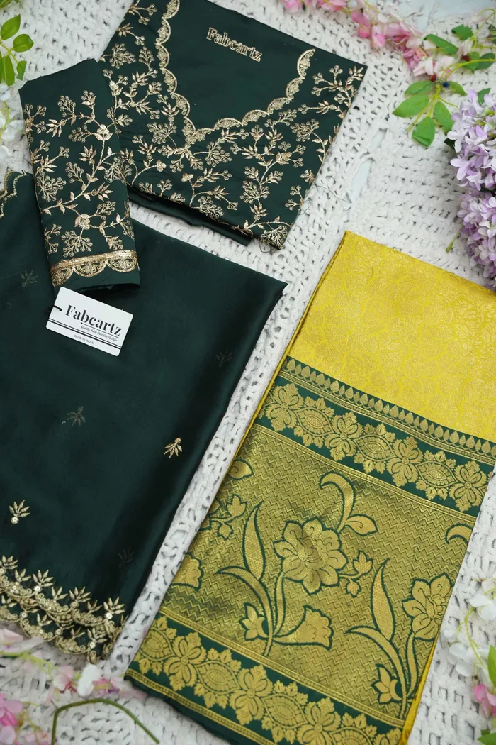 Beautiful South Indian Style Unstitch Half Saree with Embroidery Blouse and Dupatta for Women | Rashmika - Image 85