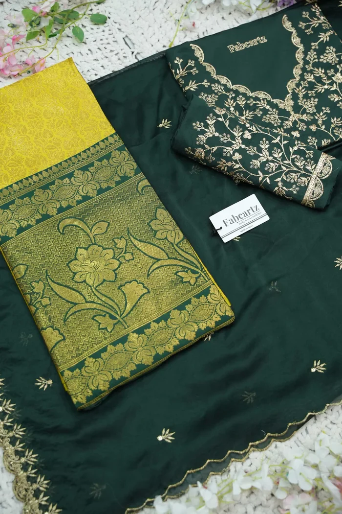 Beautiful South Indian Style Unstitch Half Saree with Embroidery Blouse and Dupatta for Women | Rashmika - Image 87
