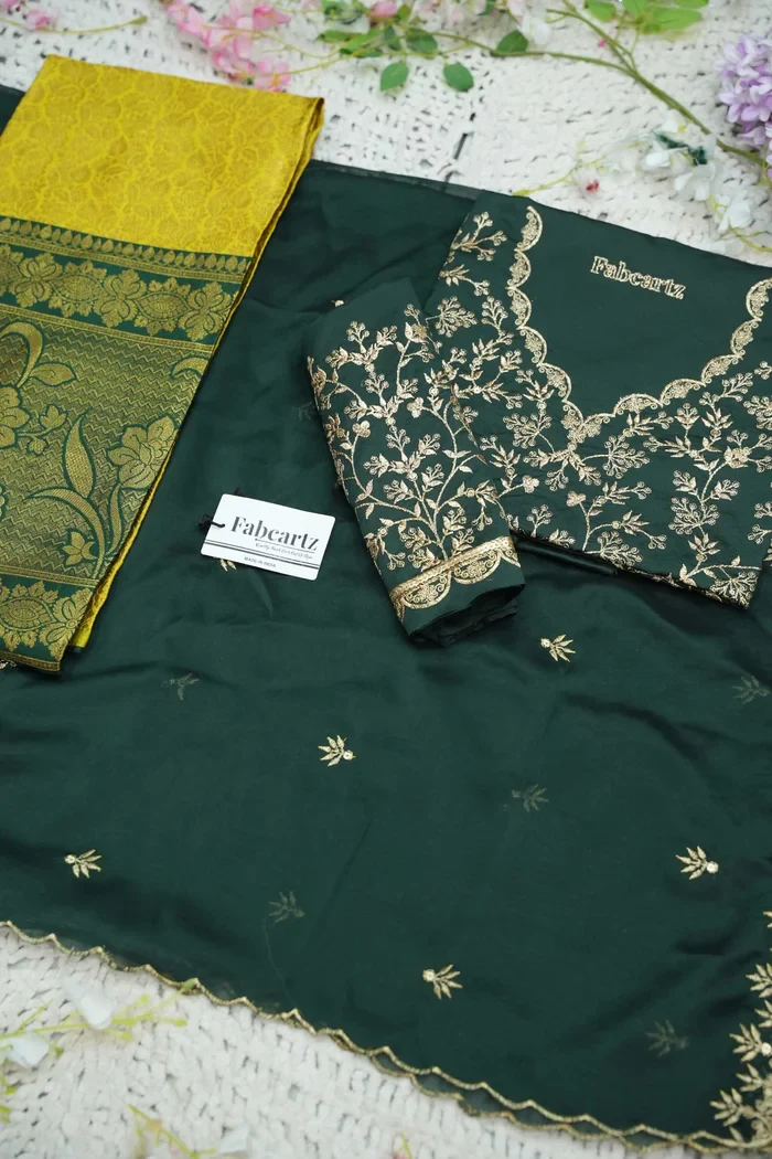 Beautiful South Indian Style Unstitch Half Saree with Embroidery Blouse and Dupatta for Women | Rashmika - Image 89
