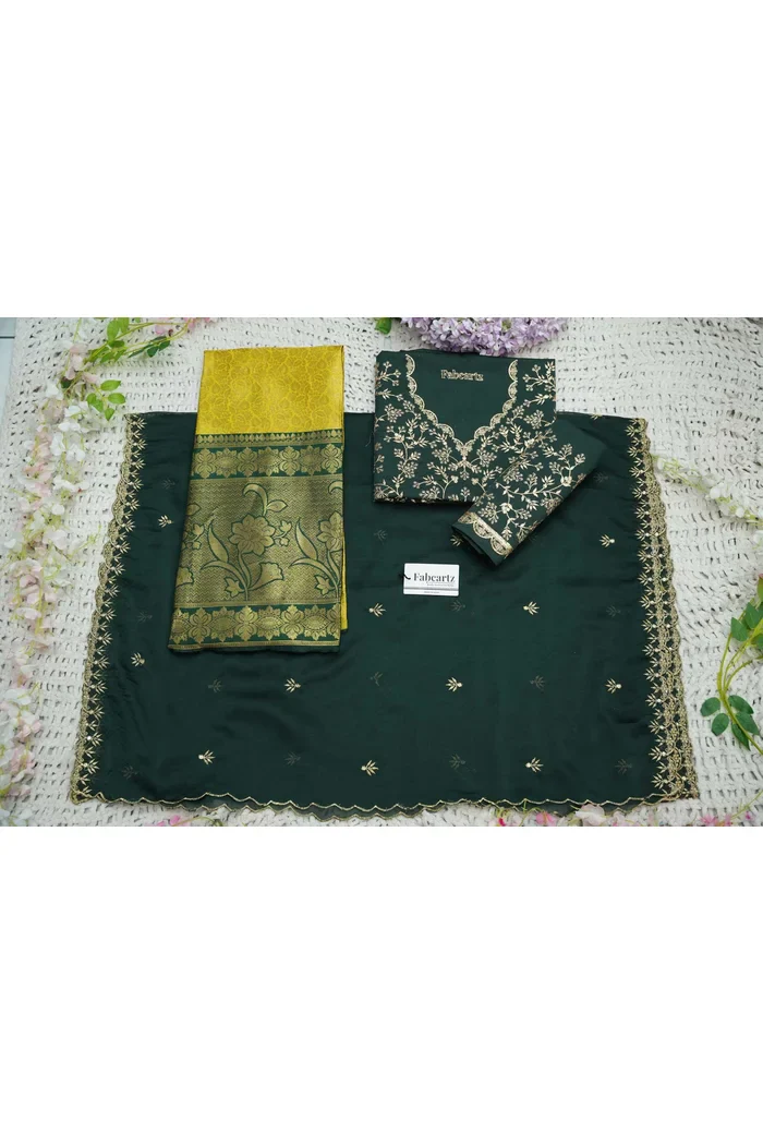 Beautiful South Indian Style Unstitch Half Saree with Embroidery Blouse and Dupatta for Women | Rashmika - Image 91