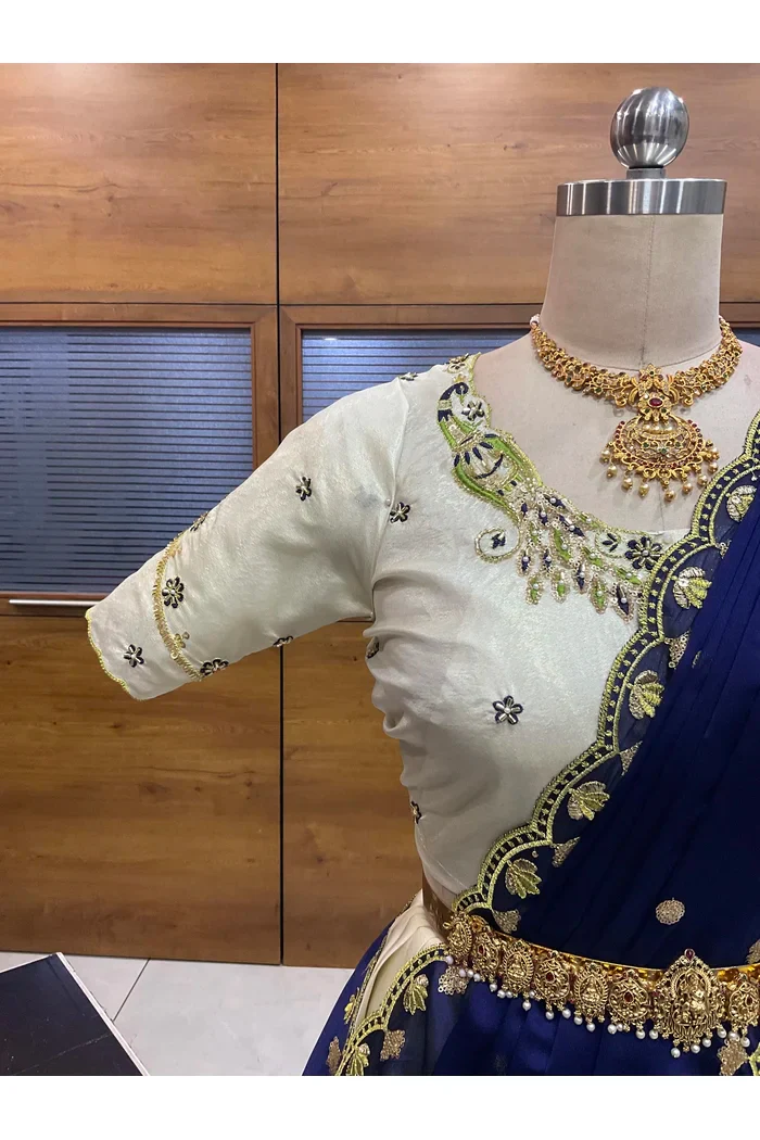 Beautiful South Indian Style Unstitch Shimmer Half Saree with Hand Work Blouse and Rangoli Dupatta for Women | Shivani - Image 16