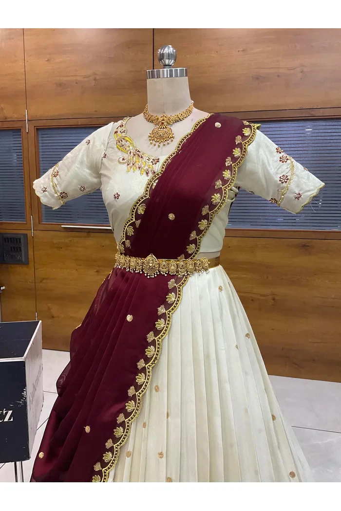 Beautiful South Indian Style Unstitch Shimmer Half Saree with Hand Work Blouse and Rangoli Dupatta for Women | Shivani - Image 21