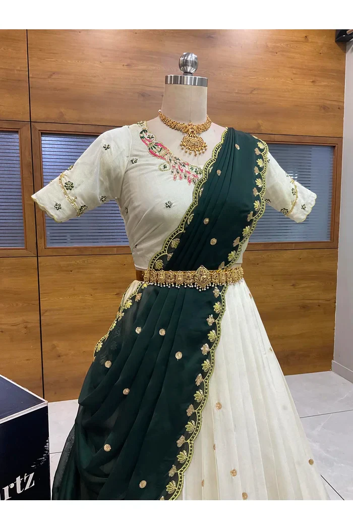 Beautiful South Indian Style Unstitch Shimmer Half Saree with Hand Work Blouse and Rangoli Dupatta for Women | Shivani - Image 28