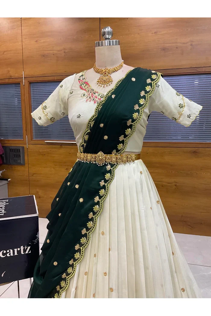 Beautiful South Indian Style Unstitch Shimmer Half Saree with Hand Work Blouse and Rangoli Dupatta for Women | Shivani - Image 29