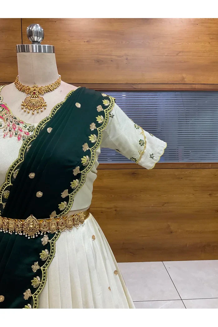 Beautiful South Indian Style Unstitch Shimmer Half Saree with Hand Work Blouse and Rangoli Dupatta for Women | Shivani - Image 30