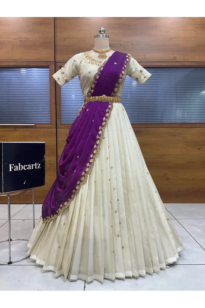 Beautiful South Indian Style Unstitch Shimmer Half Saree with Hand Work Blouse and Rangoli Dupatta for Women | Shivani - Image 34