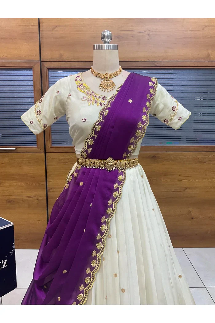 Beautiful South Indian Style Unstitch Shimmer Half Saree with Hand Work Blouse and Rangoli Dupatta for Women | Shivani - Image 35
