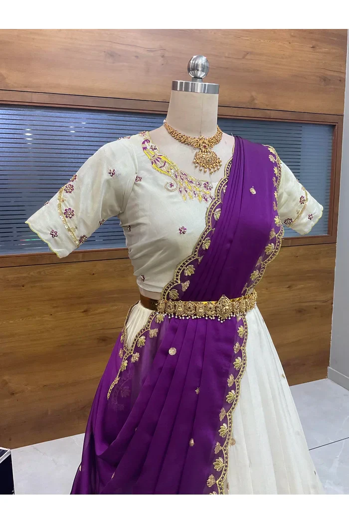 Beautiful South Indian Style Unstitch Shimmer Half Saree with Hand Work Blouse and Rangoli Dupatta for Women | Shivani - Image 36