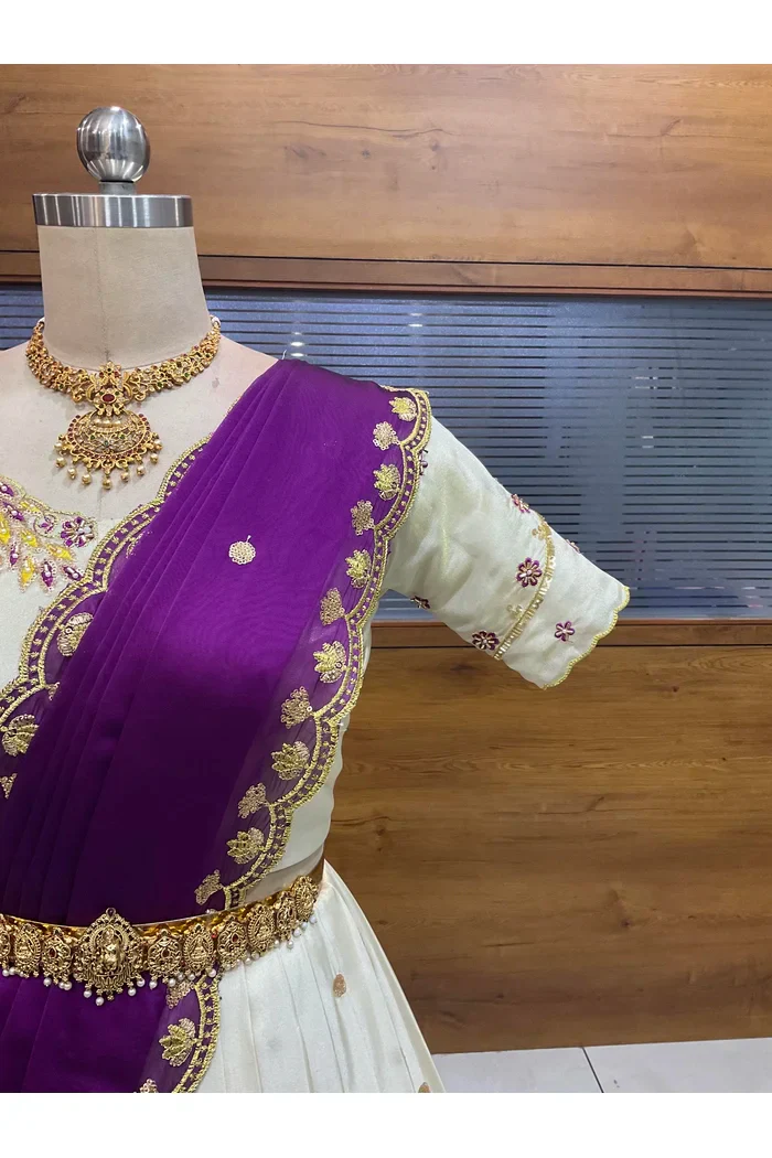 Beautiful South Indian Style Unstitch Shimmer Half Saree with Hand Work Blouse and Rangoli Dupatta for Women | Shivani - Image 38