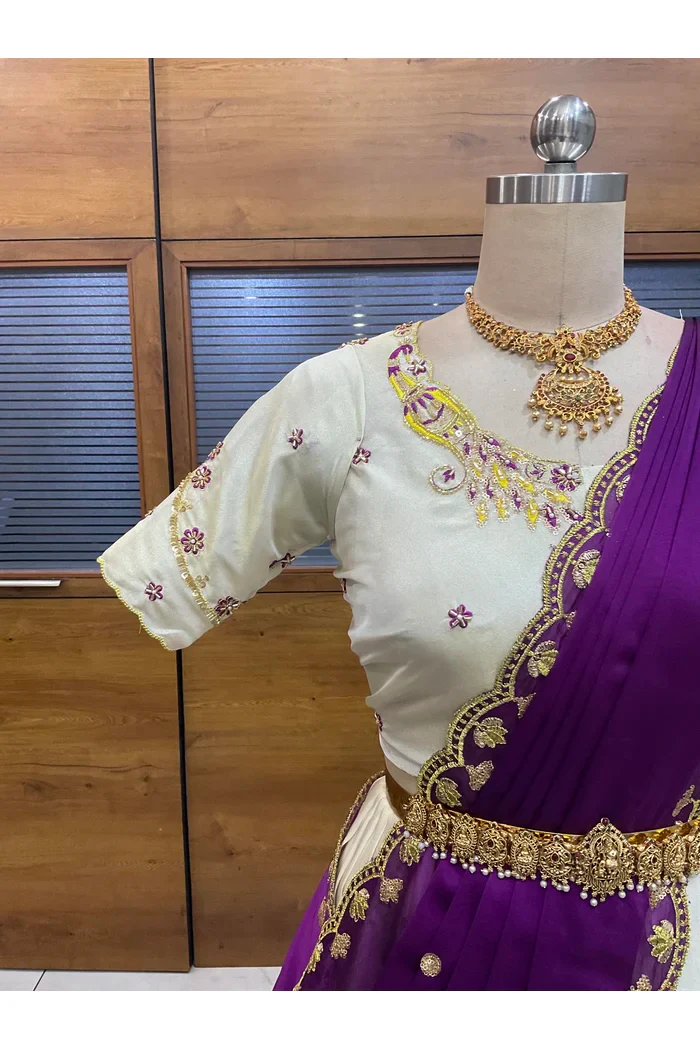 Beautiful South Indian Style Unstitch Shimmer Half Saree with Hand Work Blouse and Rangoli Dupatta for Women | Shivani - Image 39