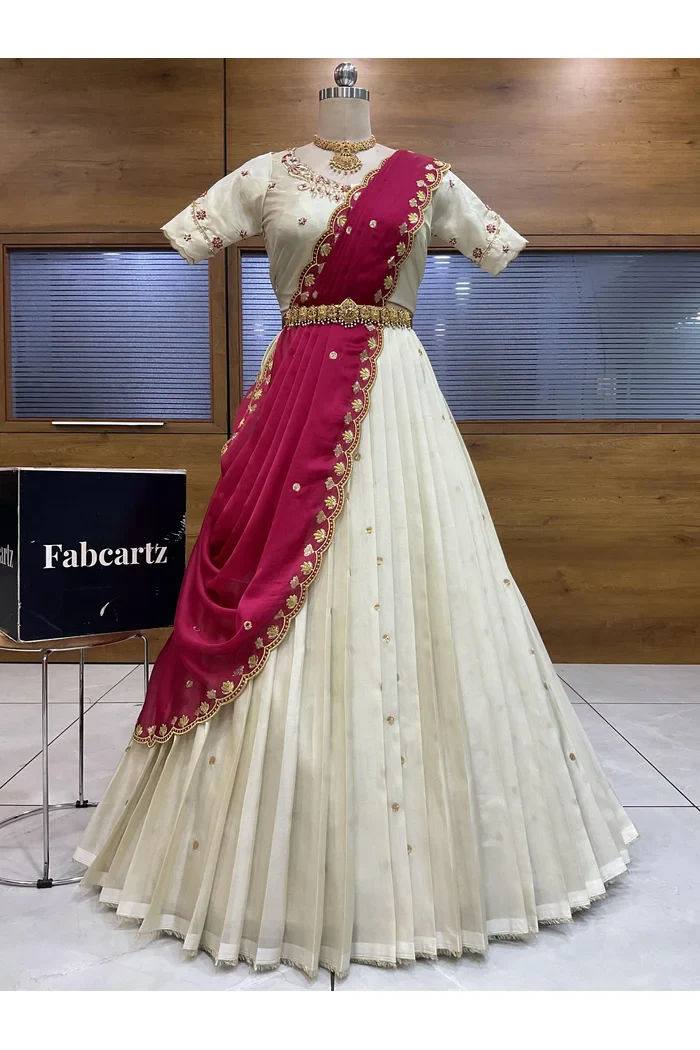 Beautiful South Indian Style Unstitch Shimmer Half Saree with Hand Work Blouse and Rangoli Dupatta for Women | Shivani - Image 42