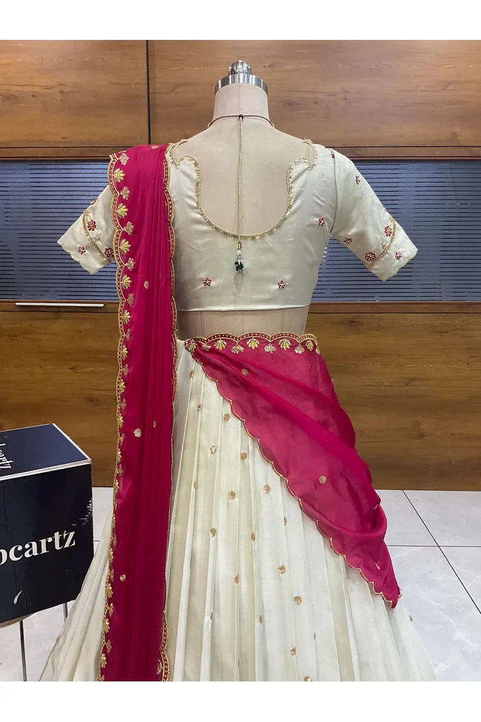 Beautiful South Indian Style Unstitch Shimmer Half Saree with Hand Work Blouse and Rangoli Dupatta for Women | Shivani - Image 5