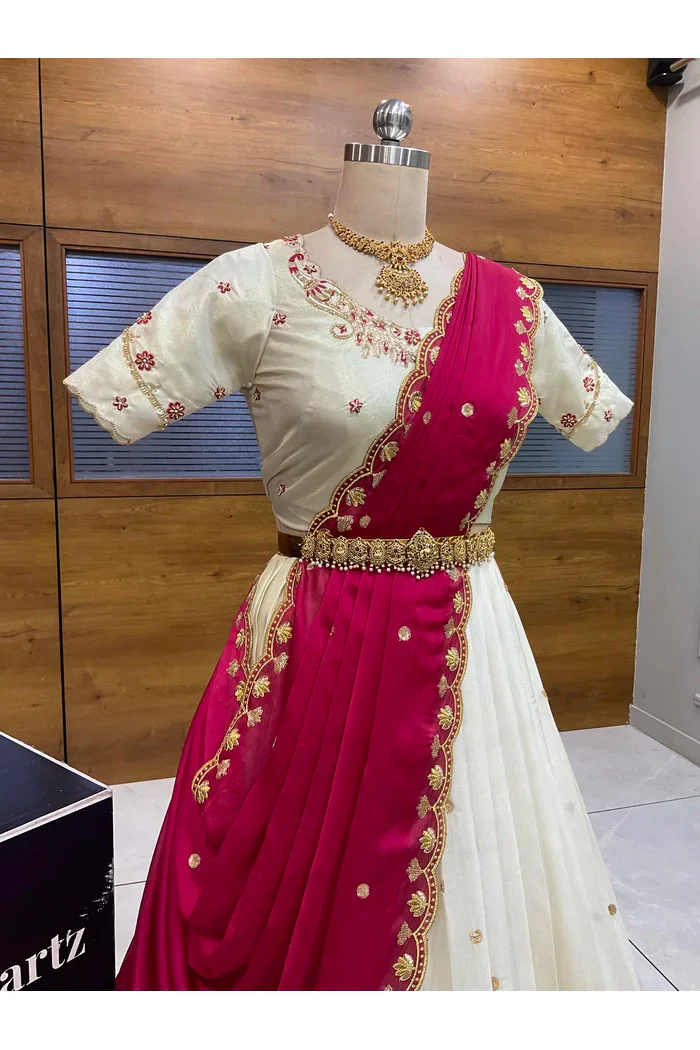 Beautiful South Indian Style Unstitch Shimmer Half Saree with Hand Work Blouse and Rangoli Dupatta for Women | Shivani - Image 6