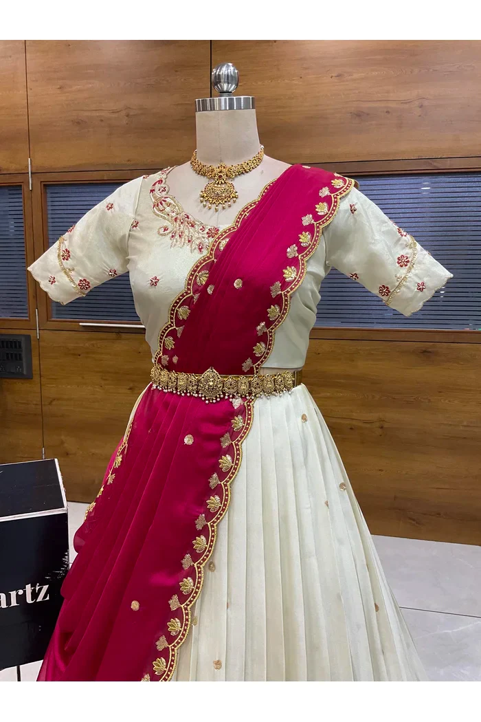 Beautiful South Indian Style Unstitch Shimmer Half Saree with Hand Work Blouse and Rangoli Dupatta for Women | Shivani - Image 7