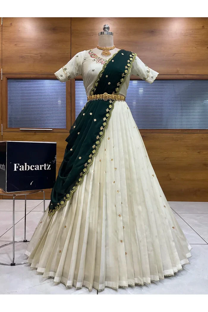 Beautiful South Indian Style Unstitch Shimmer Half Saree with Hand Work Blouse and Rangoli Dupatta for Women | Shivani - Image 71