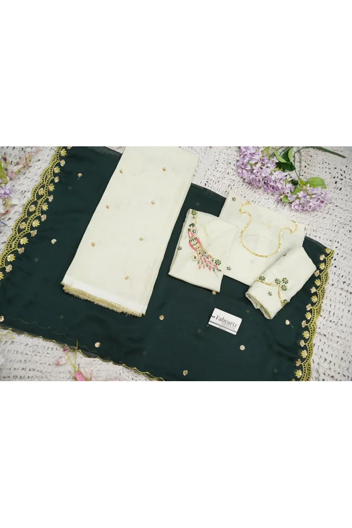 Beautiful South Indian Style Unstitch Shimmer Half Saree with Hand Work Blouse and Rangoli Dupatta for Women | Shivani - Image 78