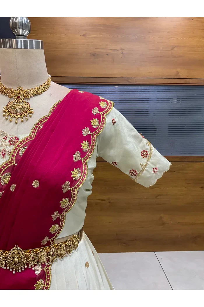 Beautiful South Indian Style Unstitch Shimmer Half Saree with Hand Work Blouse and Rangoli Dupatta for Women | Shivani - Image 8