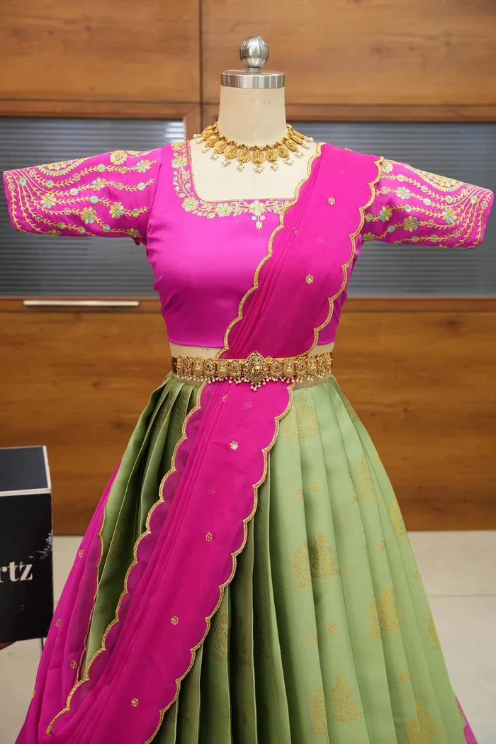 Women's Woven Design zari work Half Saree with Embroidered Blouse and Dupatta BittuPattu - Image 7