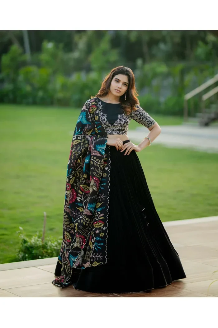 Women's Satin Lehenga with Embroidery Blouse and Printed Chinon Dupatta Chhaya - Image 6