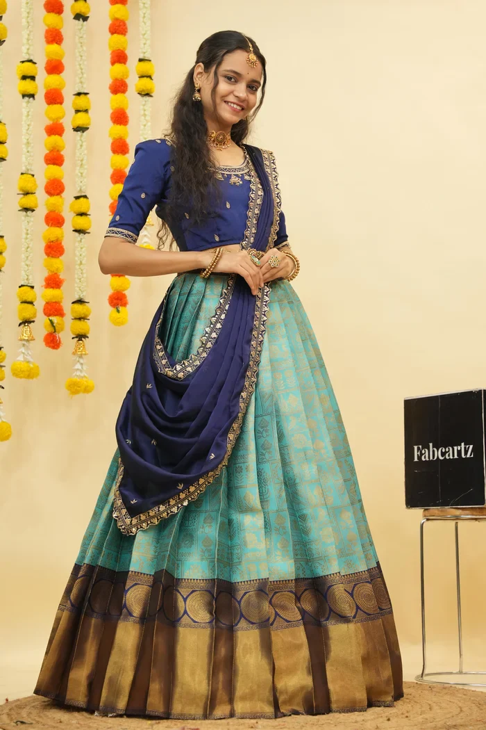 Women's Woven Design zari work Half Saree with FullyHandwork Blouse and Dupatta Dhara - Image 10