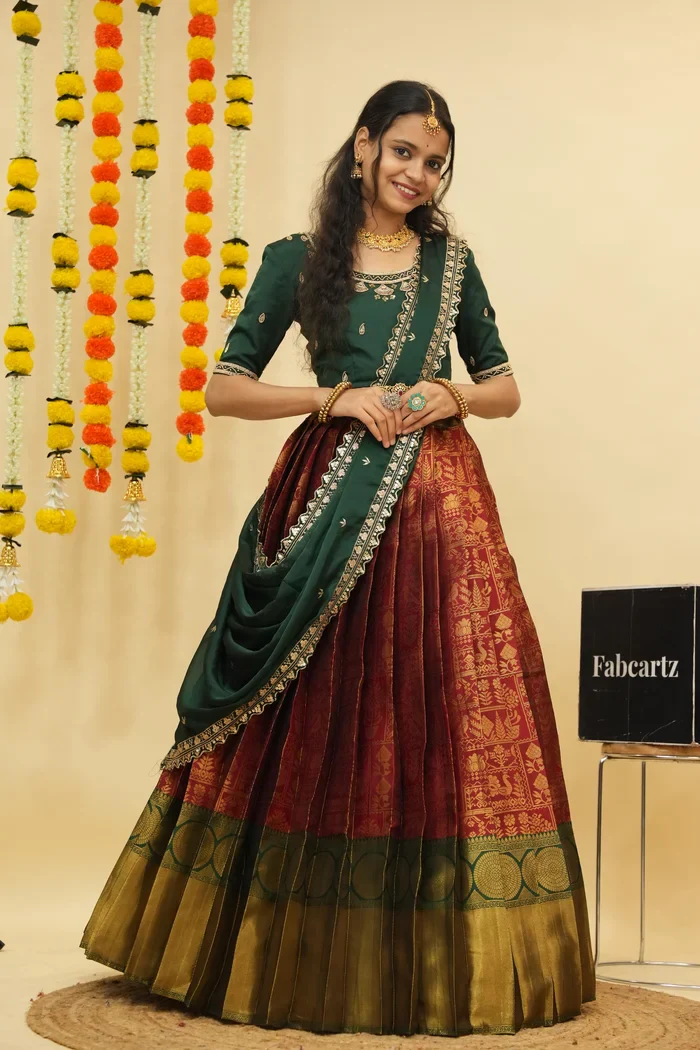 Women's Woven Design zari work Half Saree with FullyHandwork Blouse and Dupatta Dhara - Image 15