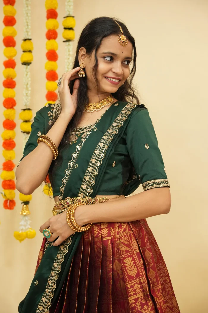 Women's Woven Design zari work Half Saree with FullyHandwork Blouse and Dupatta Dhara - Image 19