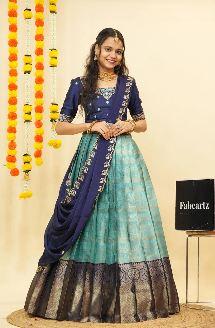 Women's Woven Design zari work Half Saree with Embroidered Blouse and Dupatta HathiGhoda - Image 10