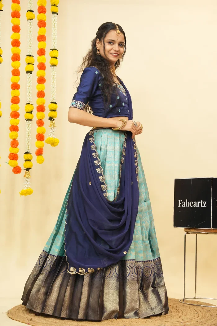 Women's Woven Design zari work Half Saree with Embroidered Blouse and Dupatta HathiGhoda - Image 11
