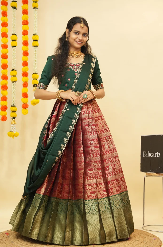 Women's Woven Design zari work Half Saree with Embroidered Blouse and Dupatta HathiGhoda - Image 17
