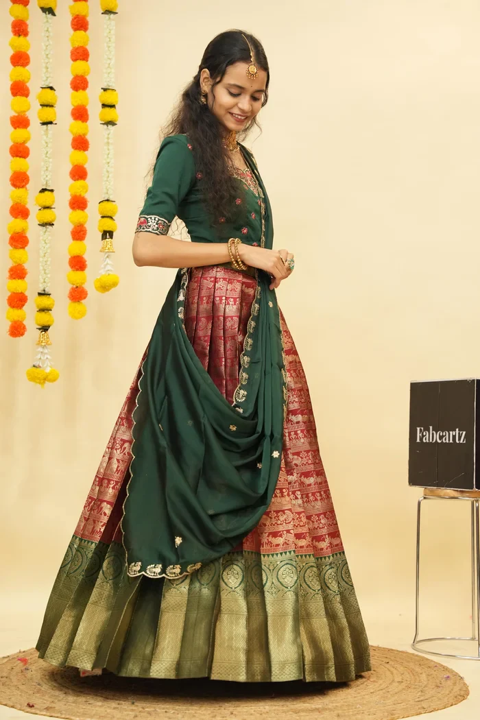 Women's Woven Design zari work Half Saree with Embroidered Blouse and Dupatta HathiGhoda - Image 18