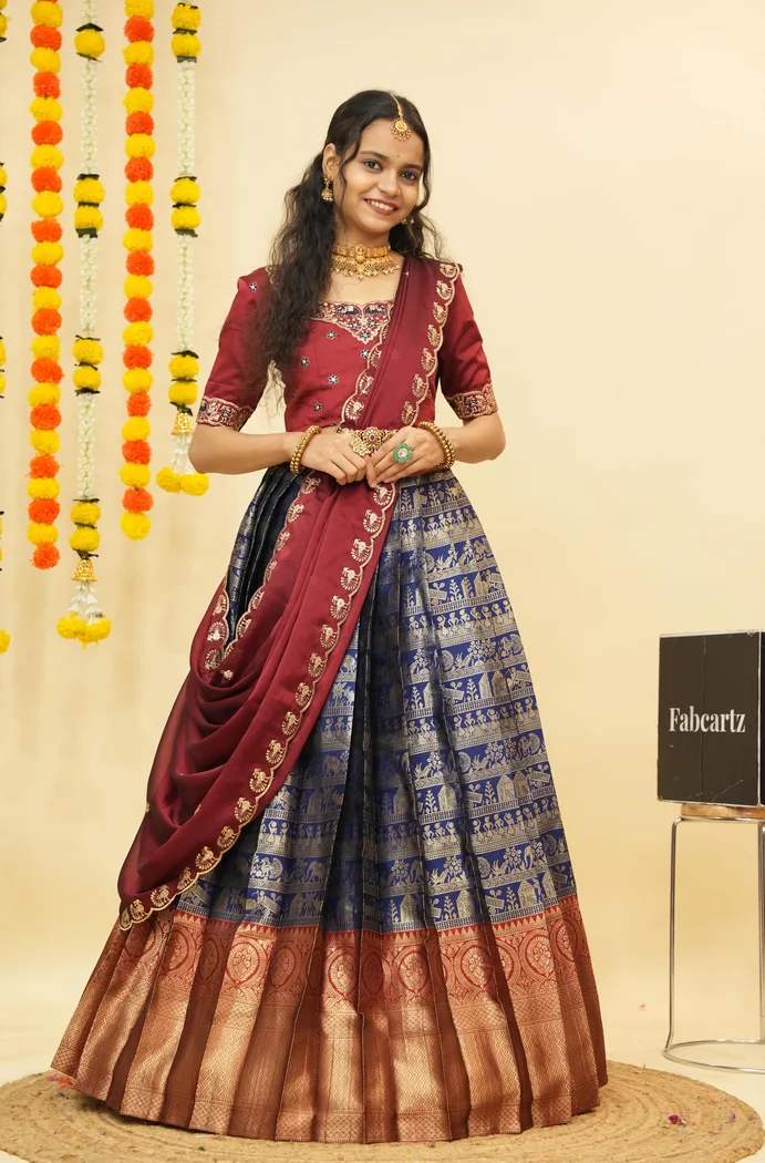 Women's Woven Design zari work Half Saree with Embroidered Blouse and Dupatta HathiGhoda - Image 25