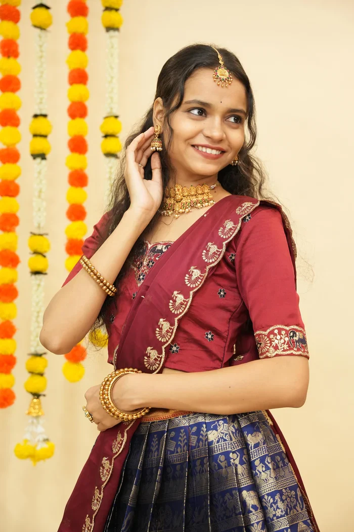 Women's Woven Design zari work Half Saree with Embroidered Blouse and Dupatta HathiGhoda - Image 27