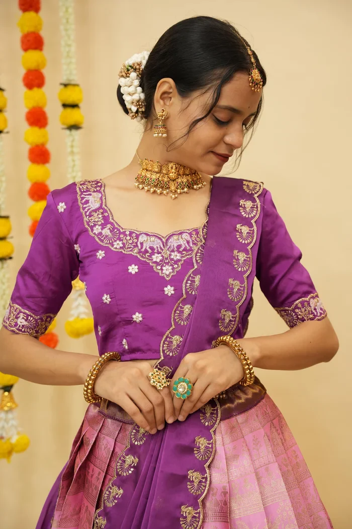 Women's Woven Design zari work Half Saree with Embroidered Blouse and Dupatta HathiGhoda - Image 35