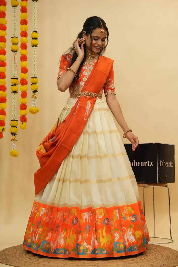 Women's Woven Design zari work Half Saree with Embroidered Blouse and Dupatta HiranPattu - Image 39